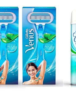 Gillette Razor Venus Hair Removal Razor For Women 2 Units With Gillette Satin Care Sensitive Skin Pre Shave Gel With Aloe Vera – 195 G
